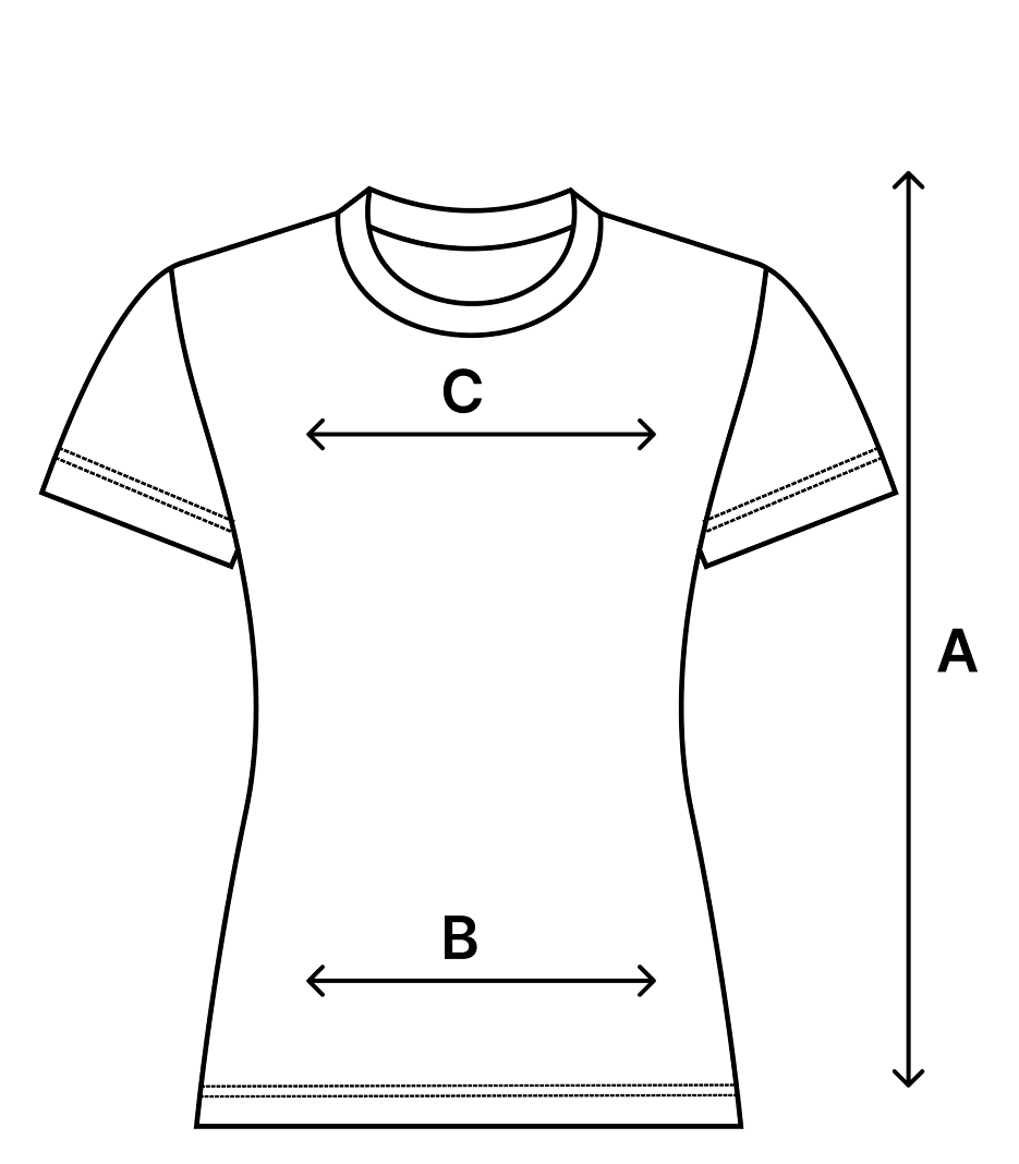 Diagram of a t-shirt with measurements labeled A, B, and C on a white background.