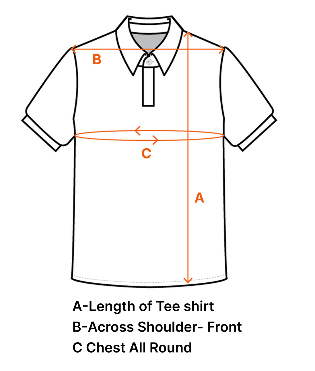 Measurement guide for a polo shirt with labeled dimensions on a white background