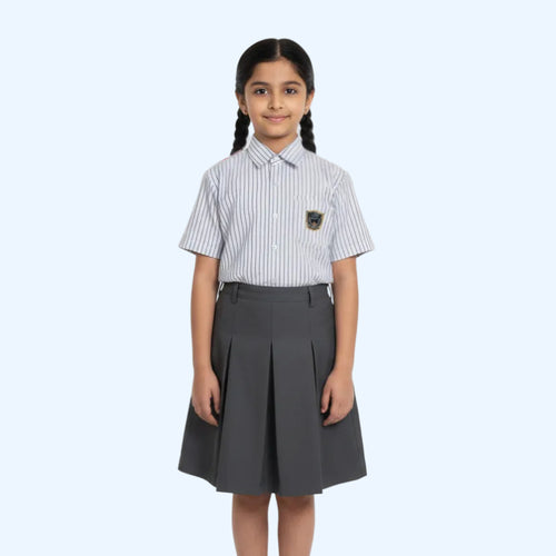 Girl wearing a striped shirt and gray skirt on a white background