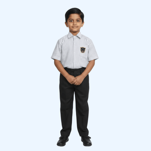Child wearing a striped shirt and black pants on a white background