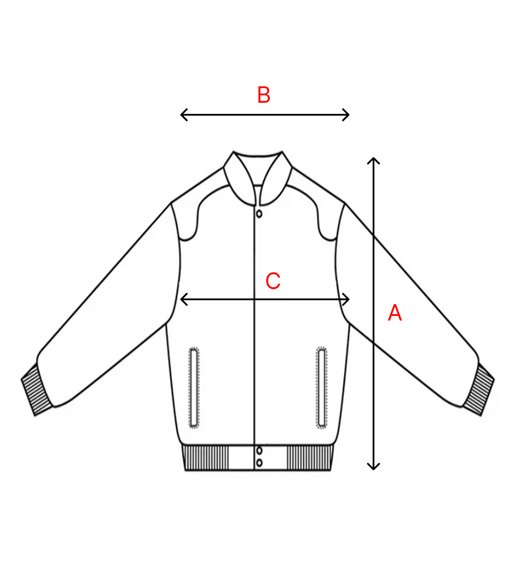Measurement chart for a jacket with labeled dimensions on a white background