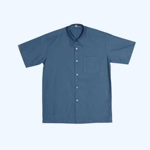 Blue short-sleeve shirt with a pocket on a light blue background