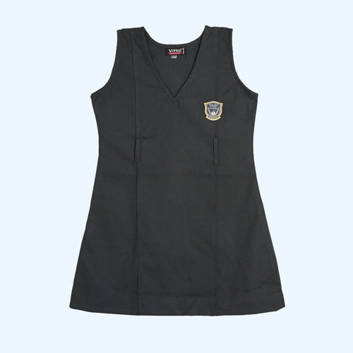Black sleeveless dress with a logo on a light gray background