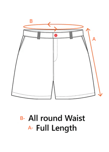 Measurement guide for shorts with labeled waist and length dimensions on a white background.