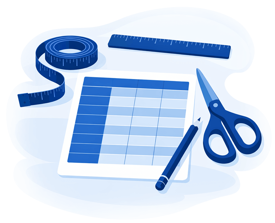 Blue measuring tools including a ruler, tape measure, scissors, and pen on a white background