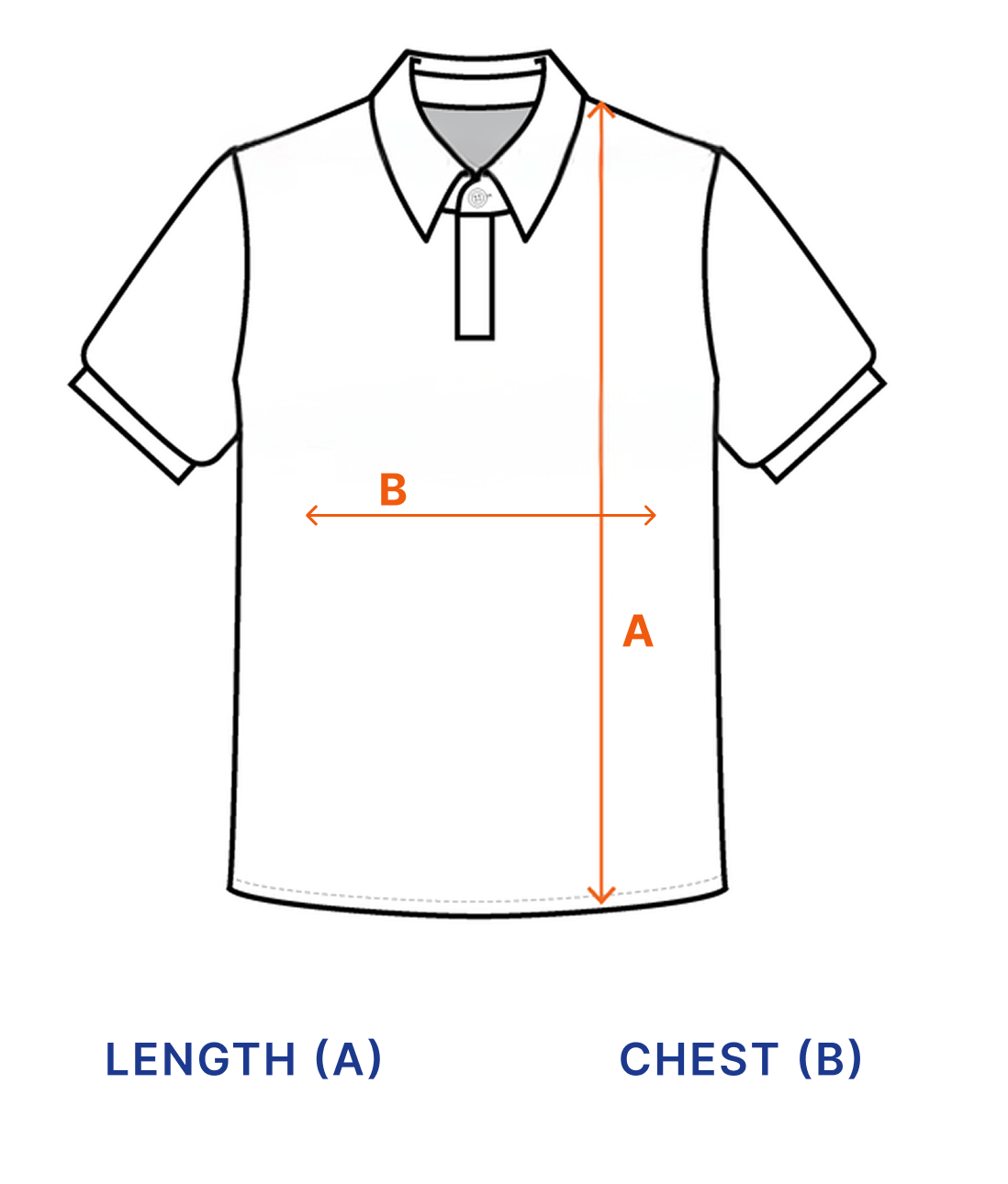 Measurement guide for a shirt with labeled length (A) and chest (B) on a white background.