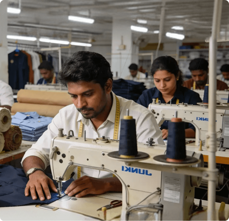 Man working on a sewing machine in a clothing factory with other workers in the background.