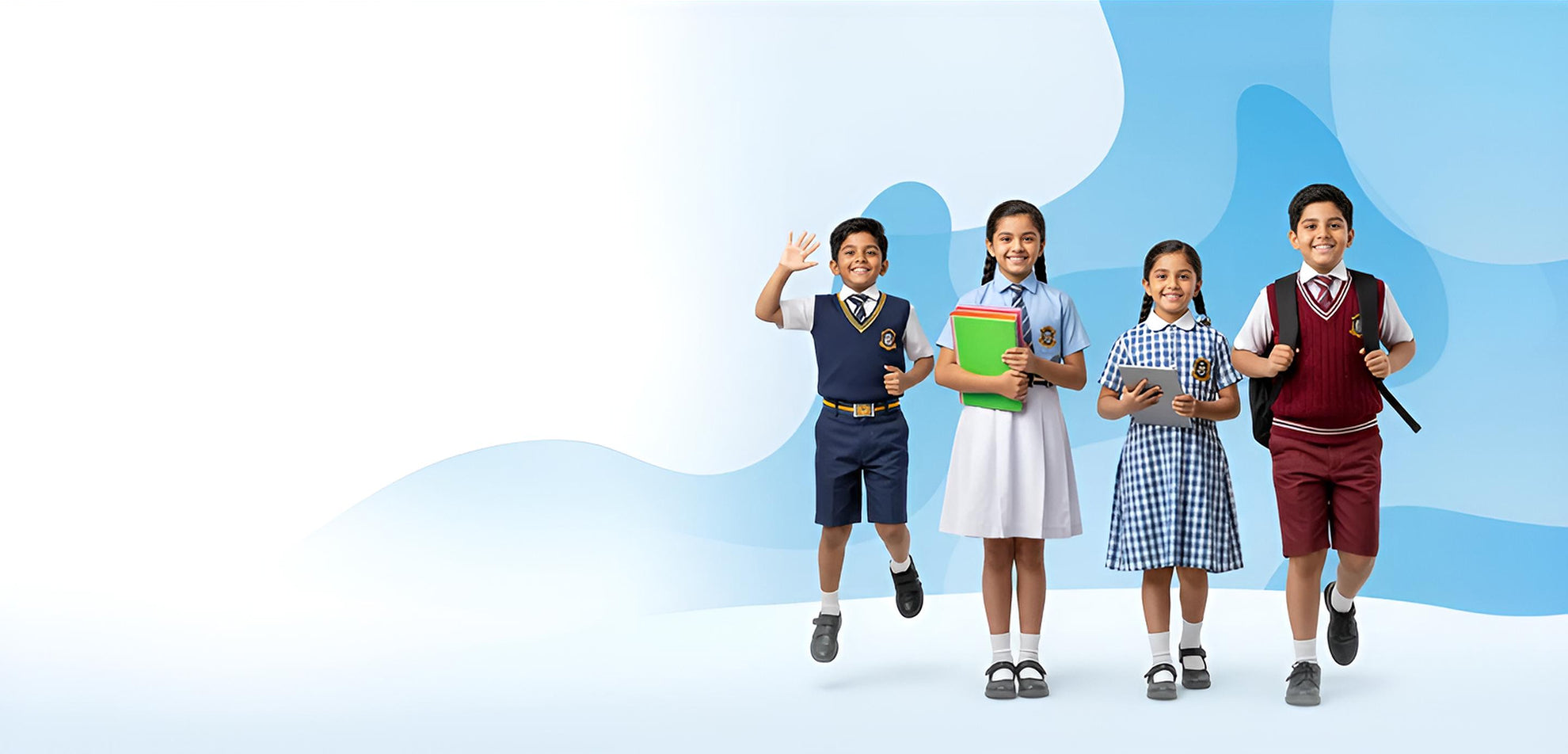 Four children in school uniforms standing against a light blue background